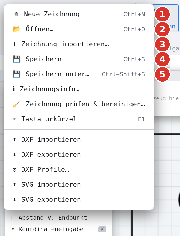Das Datei-Menü: (1) Neue Zeichnung, (2) Öffnen…, (3) Zeichnung importieren…, (4) Speichern, (5) Speichern unter…