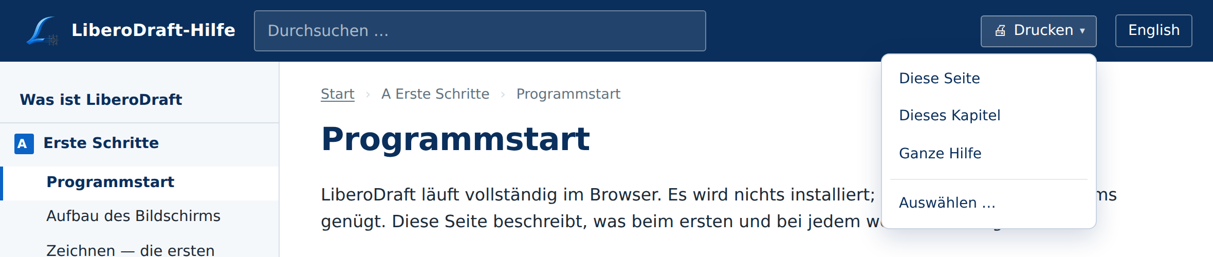 Der Button «Drucken» in der Kopfzeile der Hilfe mit aufgeklappter Liste