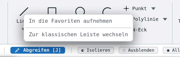 Rechtsklick auf den Button «Linie»: Aufnahme in die Favoriten und Wechsel der Darstellung