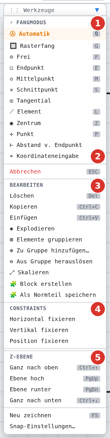 Werkzeugfenster: (1) Abschnitt «Fangmodus»