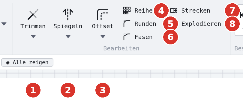 Menüband, Gruppe «Bearbeiten»: (1) Trimmen, (2) Spiegeln, (3) Offset — je mit Dreieck —, (4) Reihe, (5) Runden, (6) Fasen, (7) Strecken, (8) Explodieren