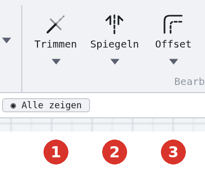 Menüband, Gruppe «Bearbeiten»: (1) Trimmen, (2) Spiegeln, (3) Offset — je mit Dreieck —, (4) Reihe, (5) Runden, (6) Fasen, (7) Strecken, (8) Explodieren — linke Hälfte