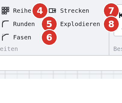 Menüband, Gruppe «Bearbeiten»: (1) Trimmen, (2) Spiegeln, (3) Offset — je mit Dreieck —, (4) Reihe, (5) Runden, (6) Fasen, (7) Strecken, (8) Explodieren — rechte Hälfte