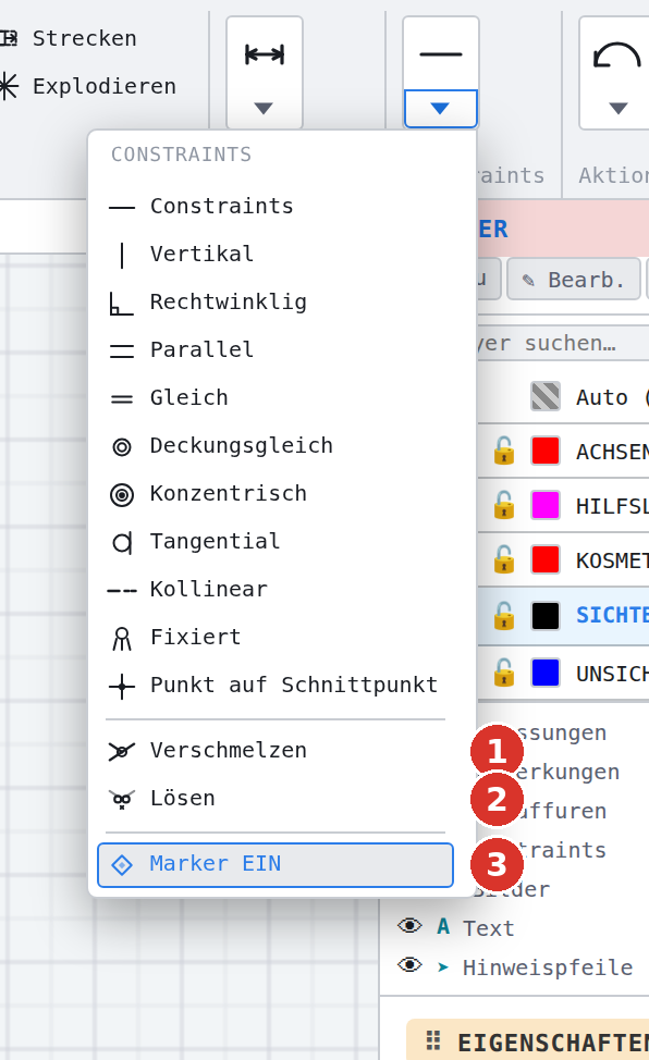 Zugeklappte Gruppe «Constraints» geöffnet: (1) Verschmelzen, (2) Verschmelzung lösen, (3) Verschmelzungs-Marker ein/aus