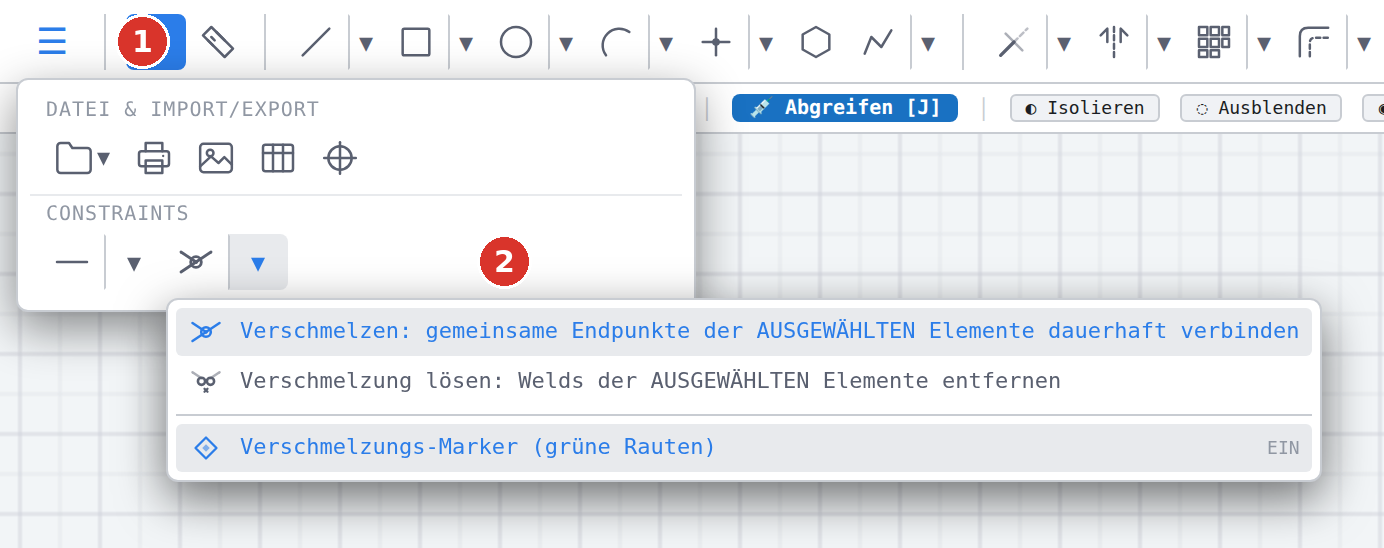 Überlauf-Menü «☰» (1) mit der Gruppe «Constraints»; das Dreieck (2) öffnet Verschmelzen, Lösen und den Marker-Schalter