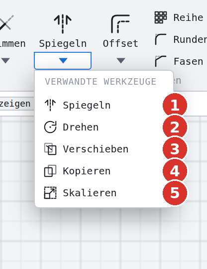 Familie «Spiegeln»: (1) Spiegeln, (2) Drehen, (3) Verschieben, (4) Kopieren, (5) Skalieren
