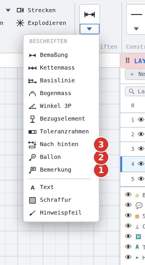 Dieselbe Liste, weiter unten: (1) Bemerkung, (2) Positions-Ballon, (3) Bemassungen nach hinten