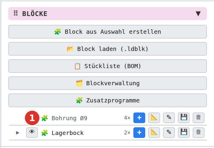 Ausgeblendete Definition in der Sektion «Blöcke»: (1) das durchgestrichene Auge