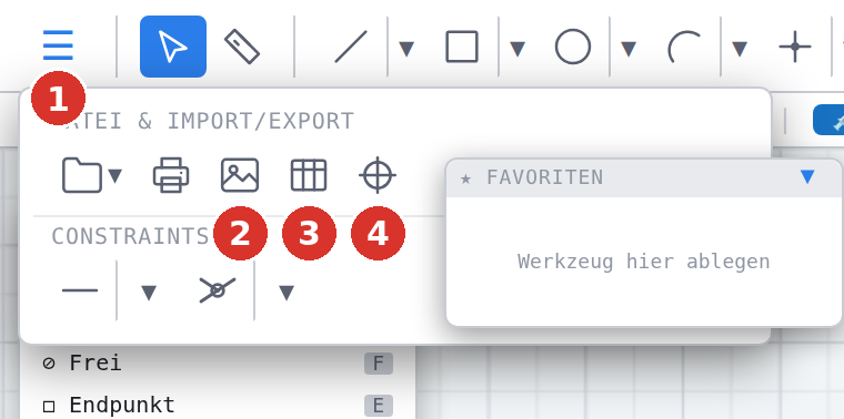 Klassische Leiste, Überlauf-Menü «☰» geöffnet: (1) der Button «☰», (2) Bild einfügen, (3) Koordinatentabelle, (4) Achsenkreuz