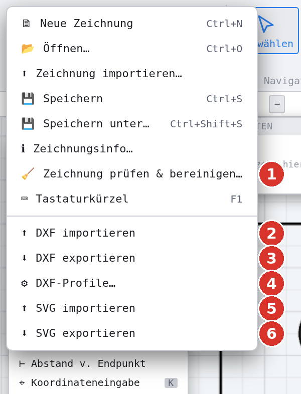 Datei-Menü: (1) Zeichnung prüfen & bereinigen…, (2) DXF importieren, (3) DXF exportieren, (4) DXF-Profile…, (5) SVG importieren, (6) SVG exportieren