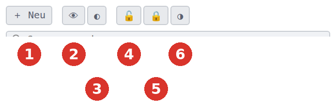 Toolbar der Sektion: (1) Neue leere Gruppe, (2) alle ein/aus, (3) Sichtbarkeit umkehren, (4) alle entsperren, (5) alle sperren, (6) Sperrung umkehren