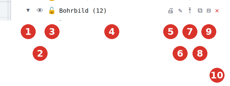 Eine Gruppenzeile: (1) Klappdreieck, (2) Auge, (3) Schloss, (4) Name mit Anzahl «Elemente+Masse/Schraffuren», (5) Drucken, (6) Umbenennen, (7) In Gruppe verschieben, (8) Kopieren, (9) Gruppierung aufheben, (10) Gruppe und Elemente löschen