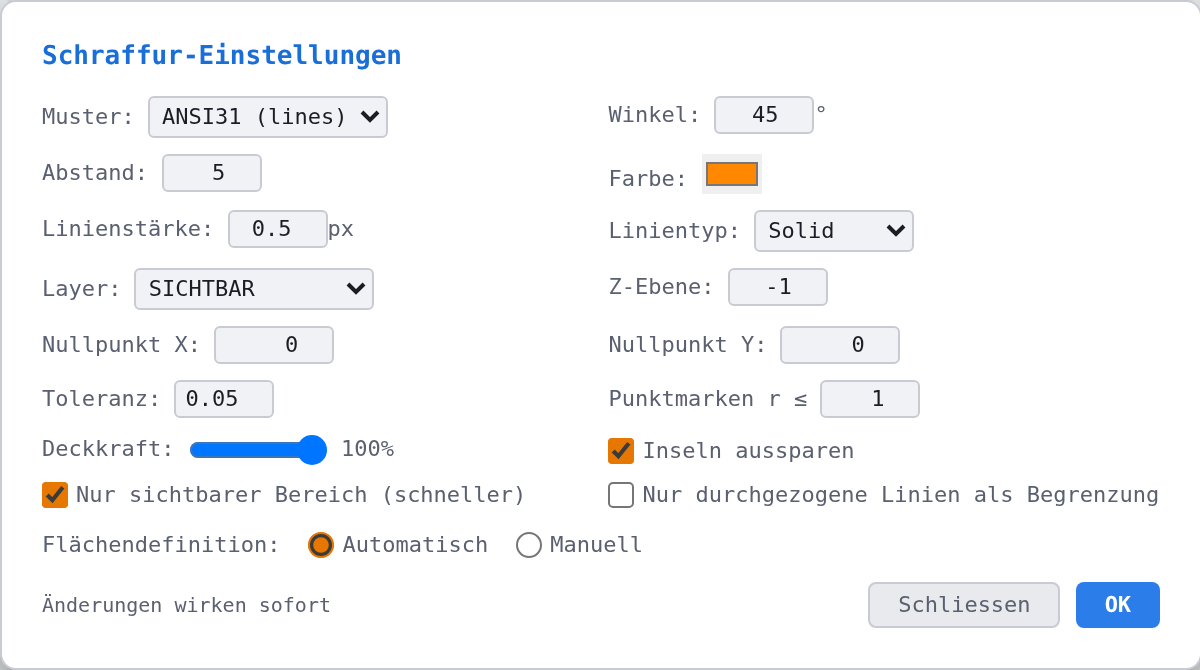 Der Dialog «Schraffur-Einstellungen» mit den Werkeinstellungen