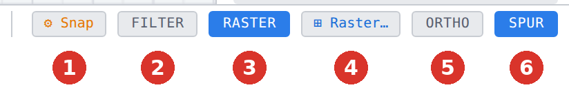 (1) ⚙ Snap, (3) RASTER, (4) ⊞ Raster…
