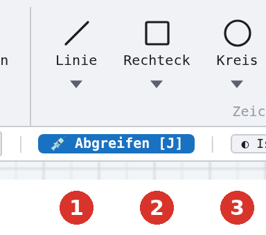 Menüband, Gruppe «Zeichnen»: die geteilten Buttons (1) Linie, (2) Rechteck, (3) Kreis, (4) Bogen sowie (5) Punkt, (6) Polylinie, (7) N-Eck — linke Hälfte