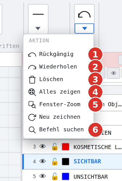 Menüband, aufgeklappte Gruppe «Aktion»: (1) Rückgängig, (2) Wiederholen, (3) Löschen, (4) Zoom einpassen, (5) Fenster-Zoom, (6) Befehlssuche