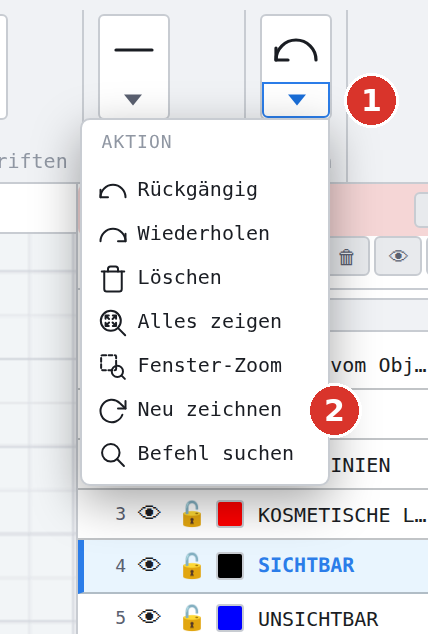 Menüband: (1) Dreieck der zugeklappten Gruppe «Aktion», (2) «Neu zeichnen»