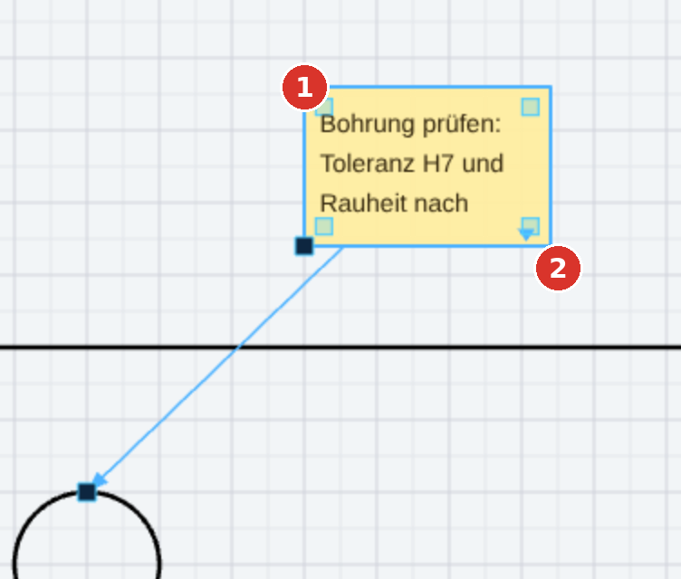 Bemerkung mit gezogener Grösse: (1) Griffquadrat an einer Ecke, (2) Dreieck unten rechts — der Text ist abgeschnitten