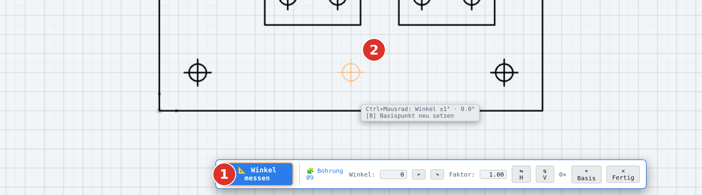 Block an der Maus: (1) Platzier-HUD mit Winkel, Faktor, Spiegeln, Basis und Fertig, (2) orange Vorschau am Fangpunkt