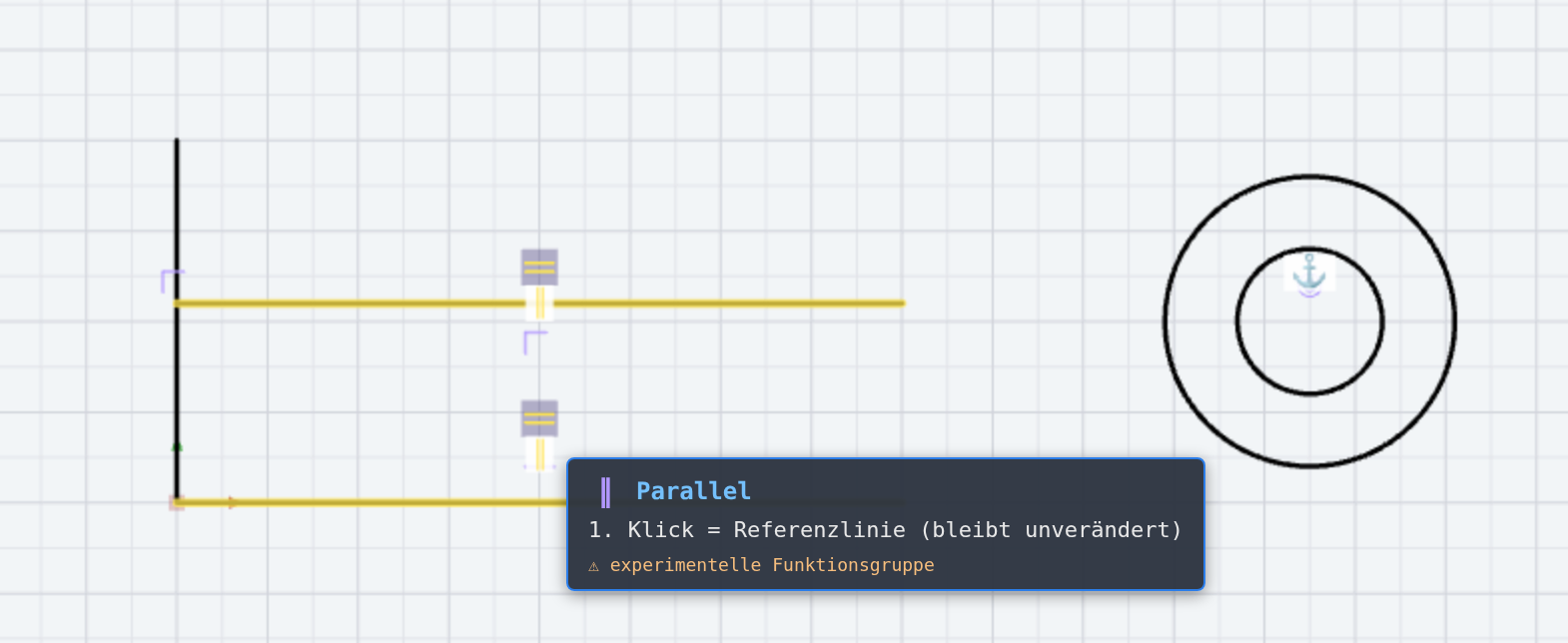 Werkzeug «Parallel», erster Schritt: der Tooltip fordert die Referenzlinie und vermerkt die experimentelle Funktionsgruppe