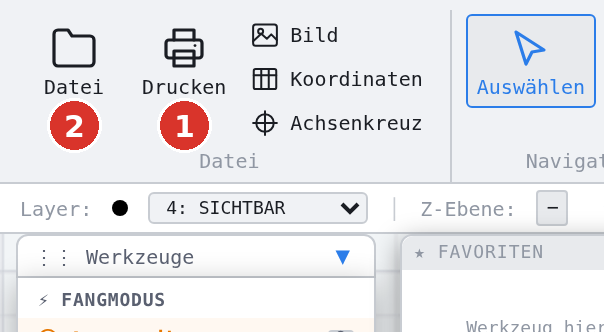 Menüband, Gruppe «Datei»: (1) Drucken, (2) Datei-Menü