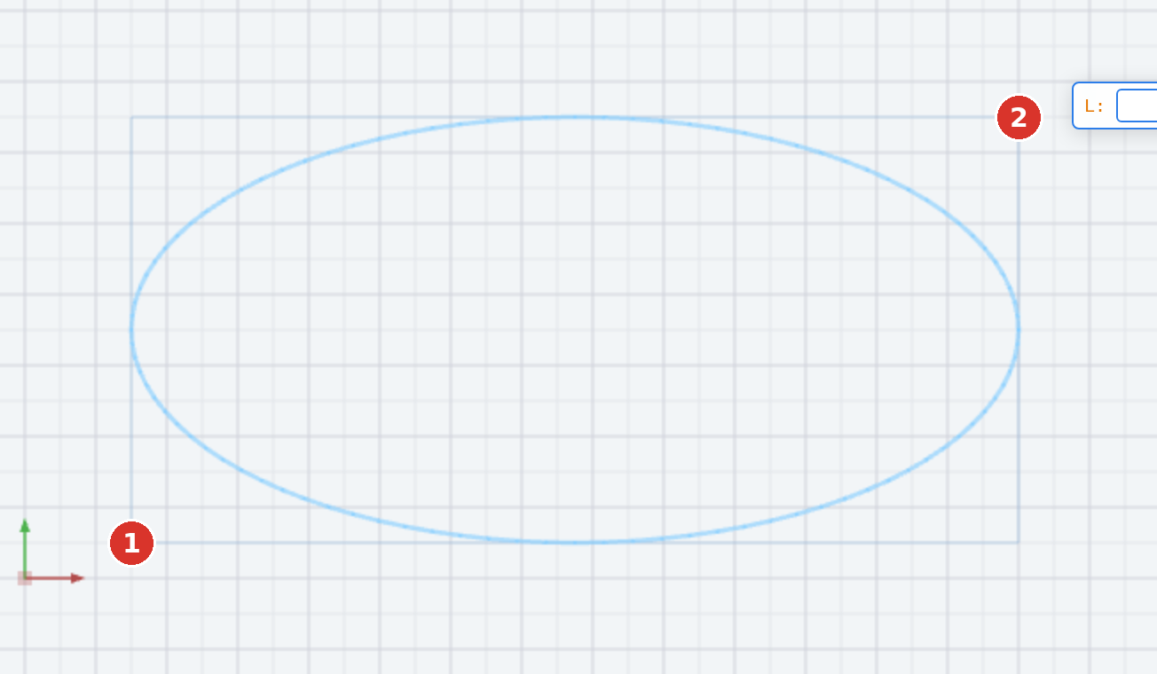 (1) und (2) die beiden Ecken des Hüllrechtecks; die Ellipse berührt alle vier Seiten