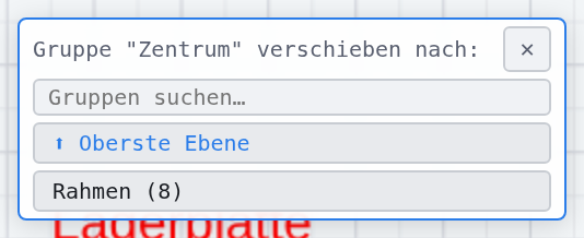 Auswahlfenster «Gruppe "Zentrum" verschieben nach:» mit Suche und «Oberste Ebene»