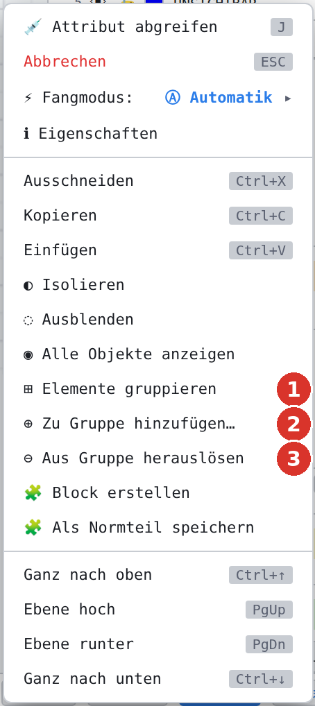 Rechtsklick-Menü: (1) Elemente gruppieren, (2) Zu Gruppe hinzufügen, (3) Aus Gruppe herauslösen