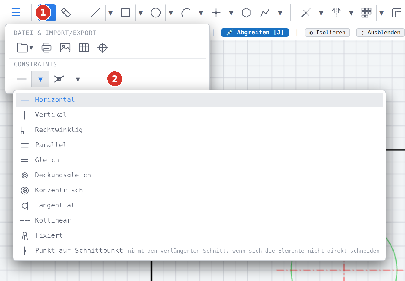 Klassische Leiste bei 1400 px Breite: (1) Menü «☰», darin (2) die aufgeklappte Gruppe «Constraints»
