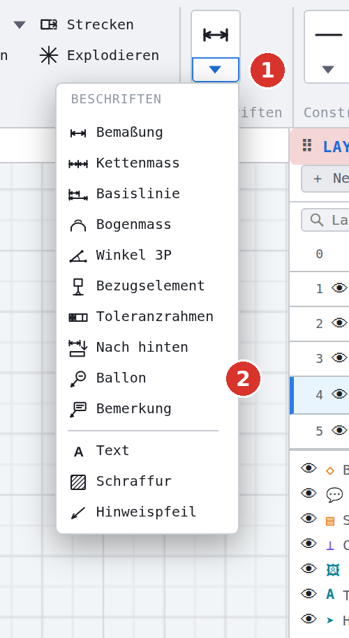 Menüband: (1) Pfeil unter «Bemassung» öffnet die Liste, (2) Eintrag «Ballon»