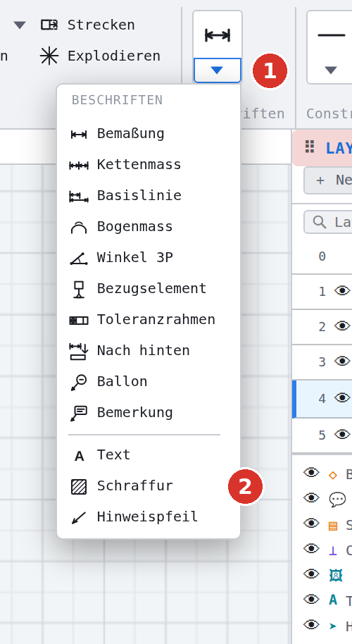 Menüband, Gruppe «Beschriften» aufgeklappt: (1) Pfeil der Gruppe, (2) Eintrag «Schraffur»