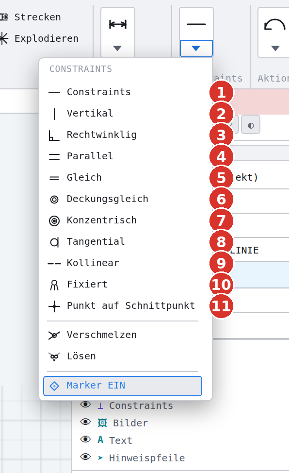 Menüband, Gruppe «Constraints» aufgeklappt: (1) Horizontal — der Kopf der Liste heisst «Constraints» —, (2) Vertikal, (3) Rechtwinklig, (4) Parallel, (5) Gleich, (6) Deckungsgleich, (7) Konzentrisch, (8) Tangential, (9) Kollinear, (10) Fixiert, (11) Punkt auf Schnittpunkt