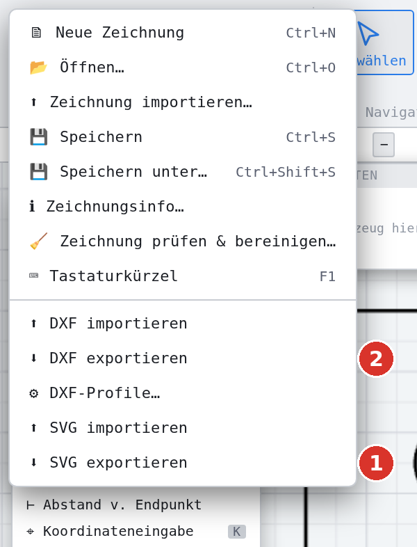 Datei-Menü: (1) SVG exportieren, (2) DXF exportieren
