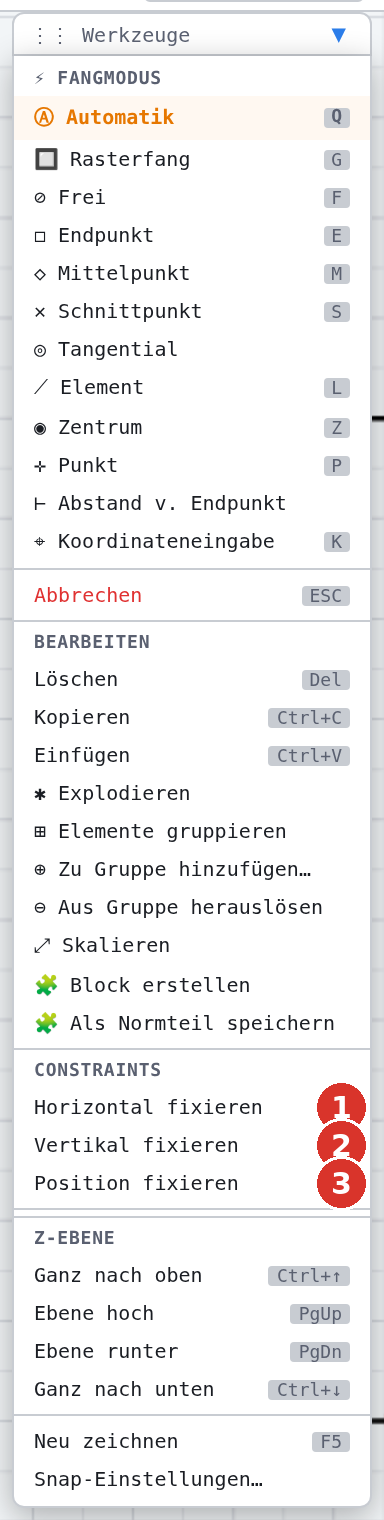 Werkzeugfenster: (1) Horizontal fixieren, (2) Vertikal fixieren, (3) Position fixieren