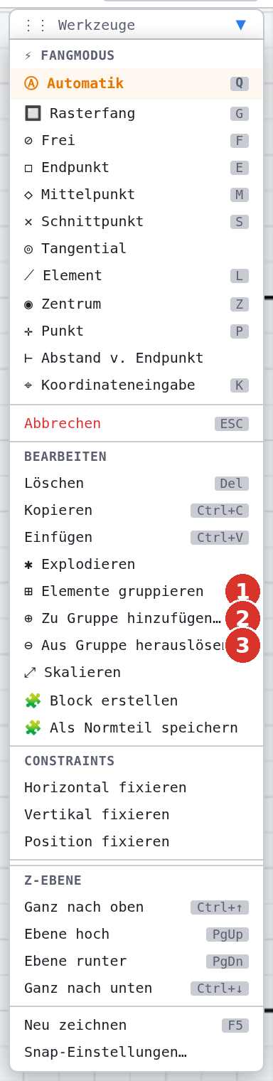 Werkzeugfenster «Bearbeiten»: (1) gruppieren, (2) hinzufügen, (3) herauslösen