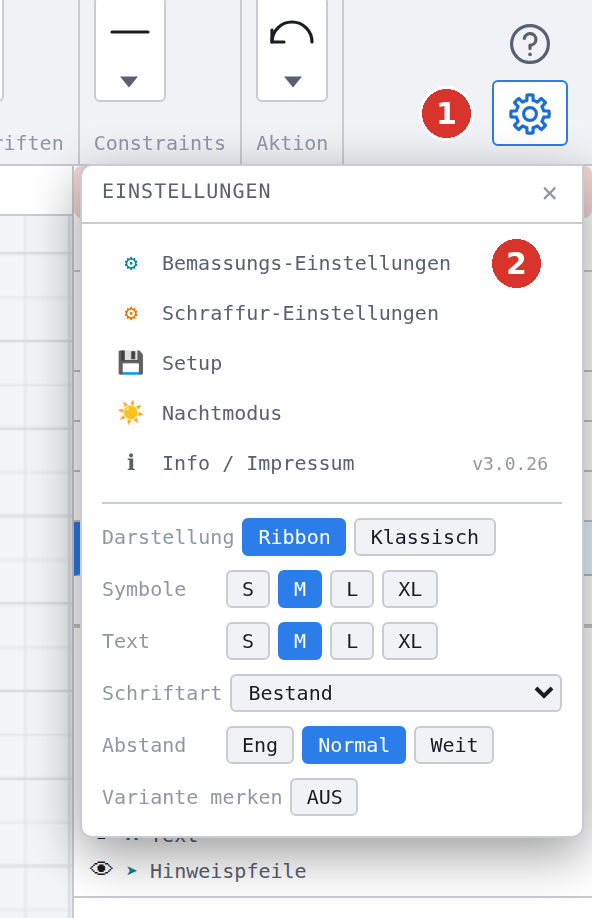 Zahnrad rechts im Menüband (1) mit der Liste der Einstellungen, (2) Eintrag «Bemassungs-Einstellungen»
