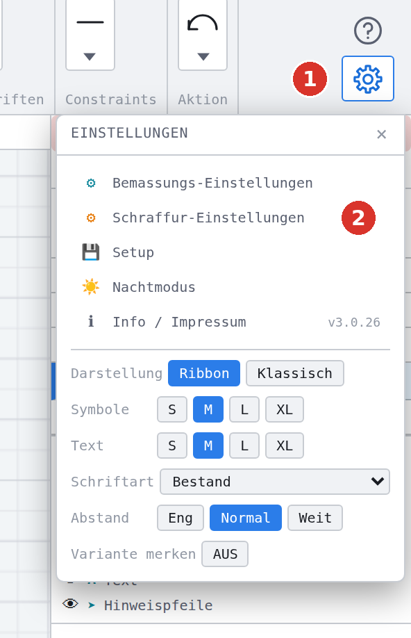 Menüband: (1) Zahnrad, (2) Eintrag «Schraffur-Einstellungen»