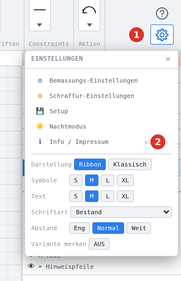 Menüband: (1) Zahnrad, (2) Eintrag «Info / Impressum» mit Versionsnummer