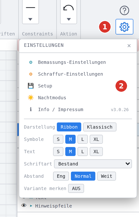 Menüband: (1) Zahnrad, (2) Eintrag «Setup»
