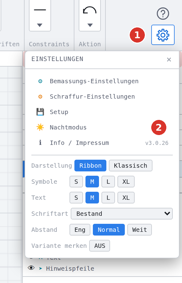 Menüband: (1) Zahnrad, (2) Eintrag «Nachtmodus»
