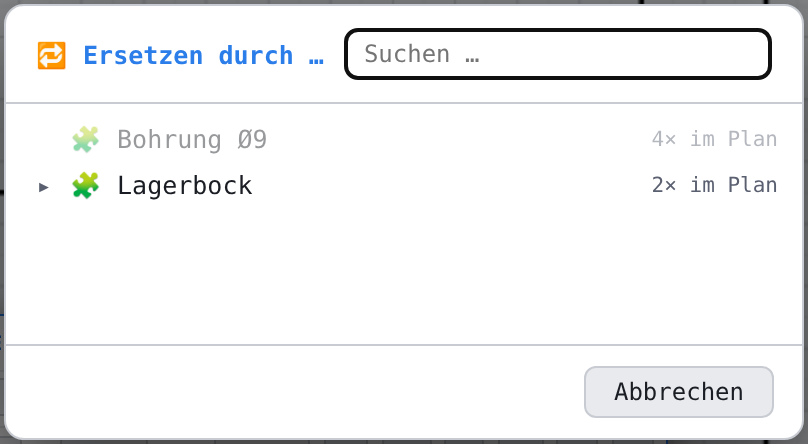 Auswahl des Zielblocks mit Suchfeld; der aktuelle Block ist ausgegraut