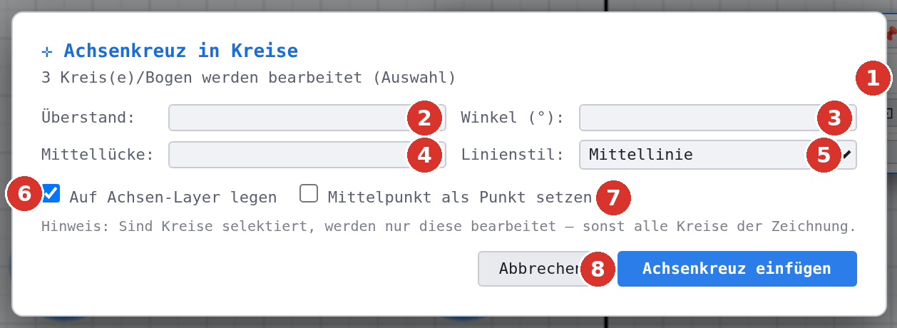 Dialog: (1) Zahl der Kreise, (2) Überstand, (3) Winkel, (4) Mittellücke, (5) Linienstil, (6) Auf Achsen-Layer legen, (7) Mittelpunkt als Punkt setzen, (8) Achsenkreuz einfügen