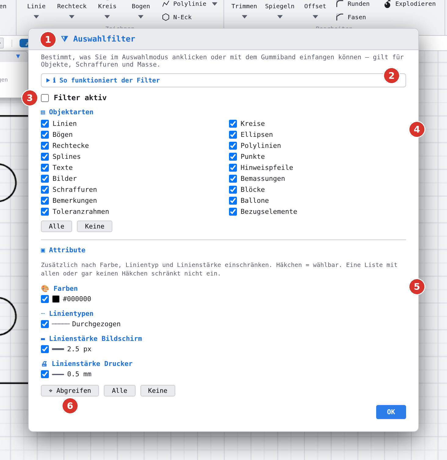 Der Dialog «Auswahlfilter»: (1) Titelleiste zum Verschieben, (2) eingeklappter Infotext, (3) «Filter aktiv», (4) Objektarten, (5) Attribute, (6) «Abgreifen»