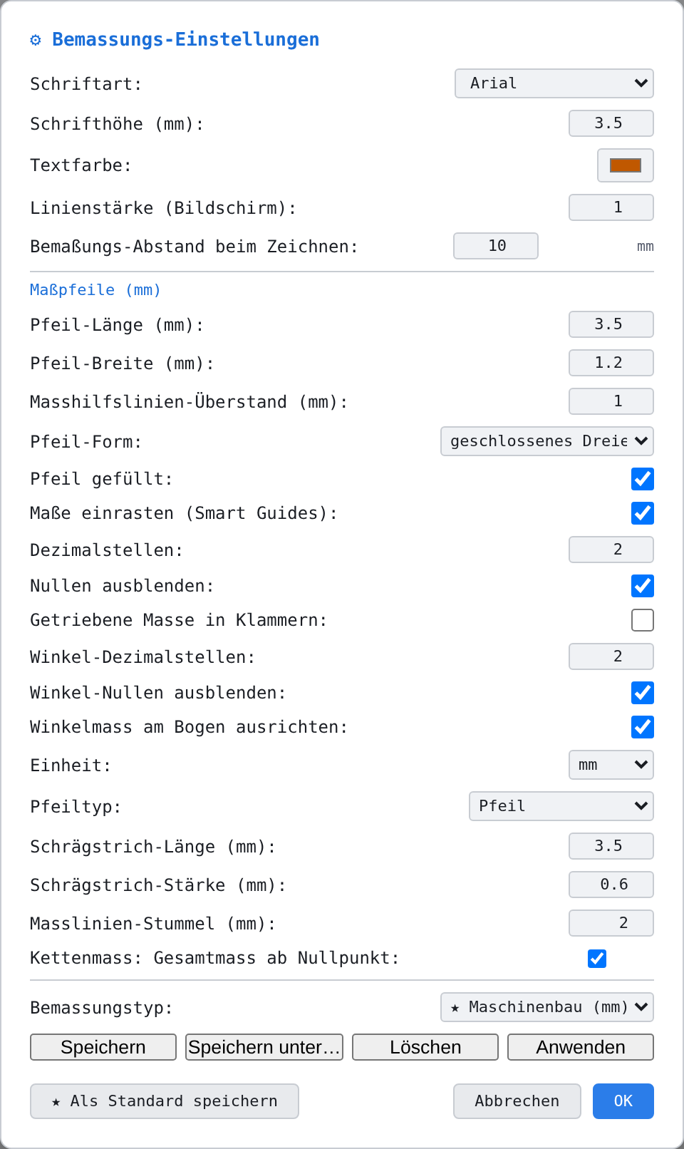 Der Dialog «Bemassungs-Einstellungen» mit den Werkeinstellungen des Typs «Maschinenbau (mm)»