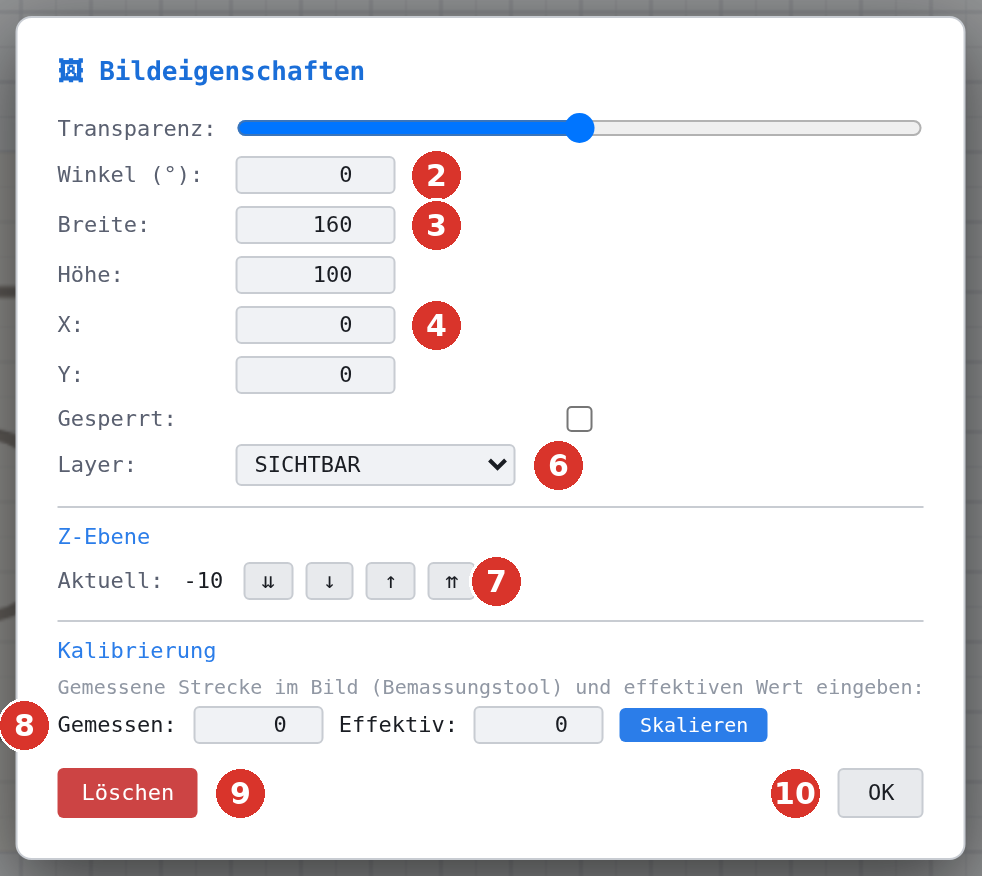 Dialog «Bildeigenschaften»: (1) Transparenz, (2) Winkel, (3) Breite und Höhe, (4) X und Y, (5) Gesperrt, (6) Layer, (7) Z-Ebene, (8) Kalibrierung, (9) Löschen, (10) OK