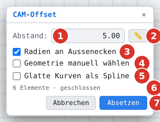 (1) Abstand, (2) Abstand messen, (3) Radien an Aussenecken, (4) Geometrie manuell wählen, (5) Glatte Kurven als Spline, (6) Stand der Kontur, (7) Absetzen