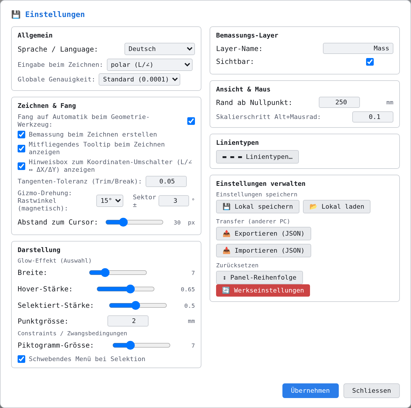 Der Dialog «Einstellungen» mit seinen sieben Kästen
