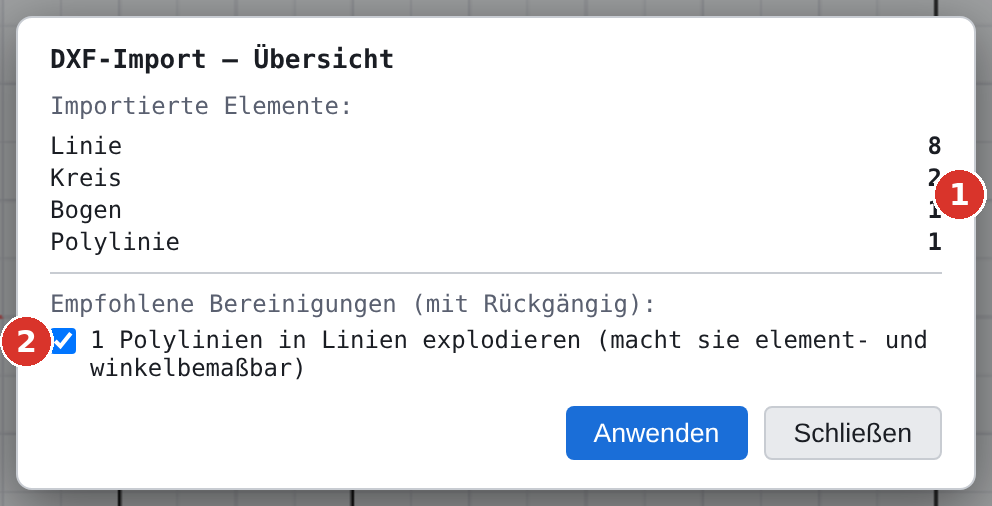 Übersicht nach dem Import: (1) Bilanz je Elementtyp, (2) empfohlene Bereinigung mit Haken