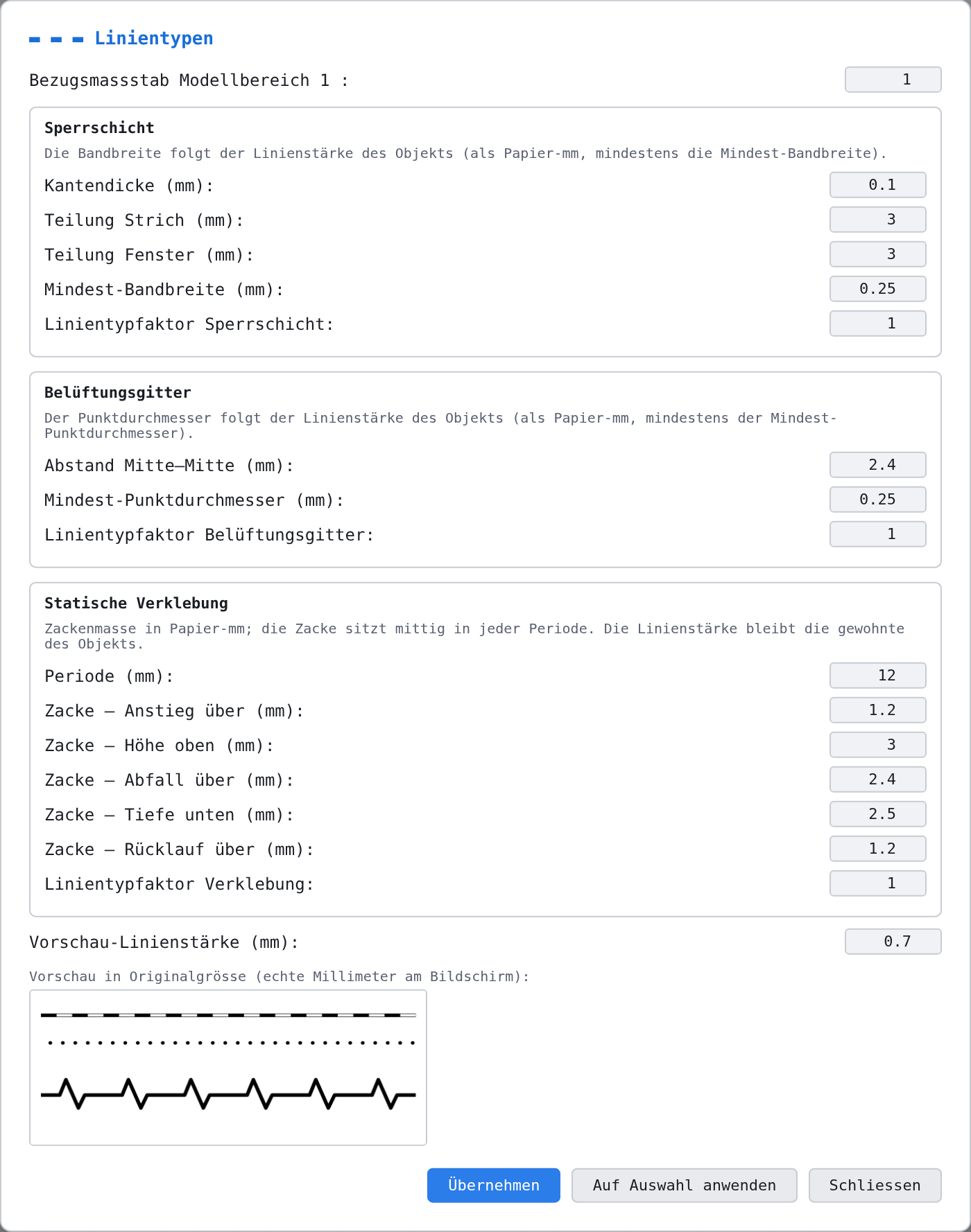 Der Dialog «Linientypen»