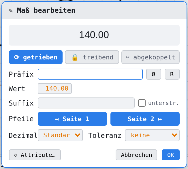 «Mass bearbeiten» für ein Längenmass: Vorschau, die drei Modus-Buttons, Präfix, Wert, Suffix, Pfeile je Seite, Dezimal und Toleranz